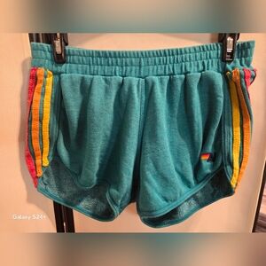 Aviator Nation Teal Shorts with Rainbow Stripes